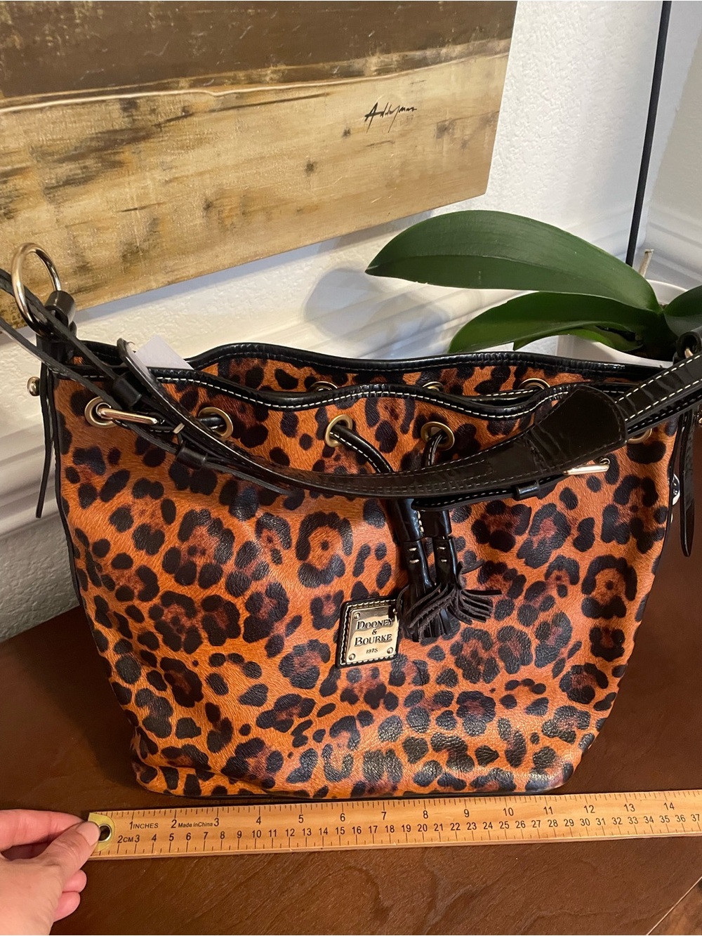 Dooney & Bourke Leopard Print Drawstring Shoulder Bag - Brown and Black - Picture 12 of 15